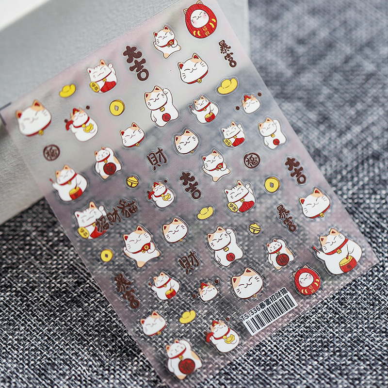 Hình Dán Họa Tiết Mèo May Mắn Dập Nổi Trang Trí Móng Tay ts1113