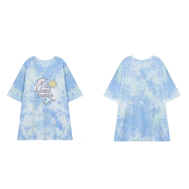 Áo Thun Tay Lỡ Nữ  IN HÌNH Tie-Dye Loang Màu Cá Heo Im Dead Inside Tay Lỡ Dáng Rộng