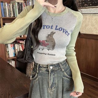 Áo Thun Dệt Kim Tay Dài Hở Vai Màu Sắc Tương Phản Phong Cách retro Dành Cho Nữ