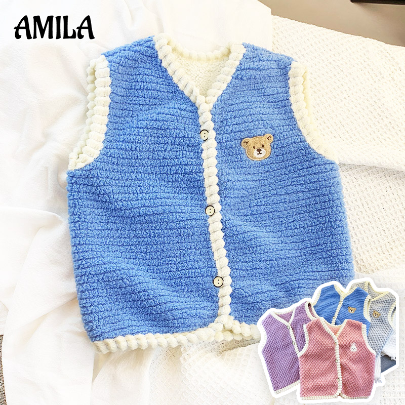Amila áo gile cho bé Áo sweater Không Tay Bằng Vải Lông Ấm Áp Hoạt Hình Dễ Thương Thời Trang Có Thể Mặc Cả Hai Mặt Dành Cho Bé Trai Bé Gái 1-8 Tuổi