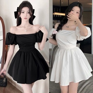 Đầm Trễ Vai Tay Phồng Ngắn Màu Sắc Ngọt Ngào Phong Cách Hàn Quốc Cho Nữ