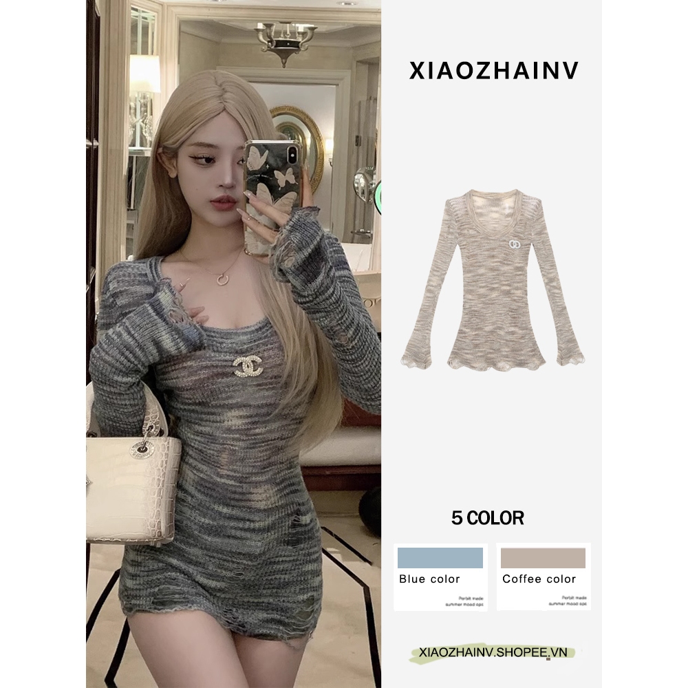 Xiaozhainv Áo sweater croptop Dệt Kim Tay Dài Cổ Chữ u 5 Màu Sắc Tùy Chọn Phong Cách Hàn Quốc Thời Trang Cho Nữ y2k