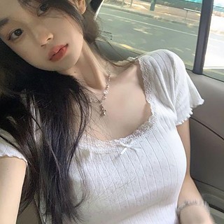 Áo Croptop Tay Ngắn Cổ Vuông Thắt Nơ Phong Cách Hàn Quốc Thời Trang Mùa Hè Cho Nữ
