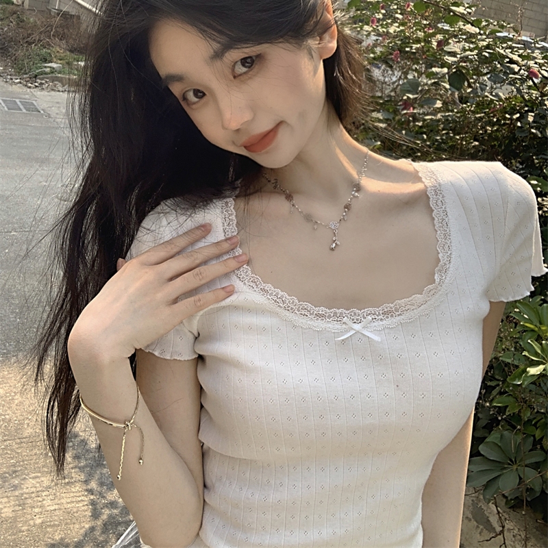 Áo Croptop Tay Ngắn Cổ Vuông Thắt Nơ Phong Cách Hàn Quốc Thời Trang Mùa Hè Cho Nữ