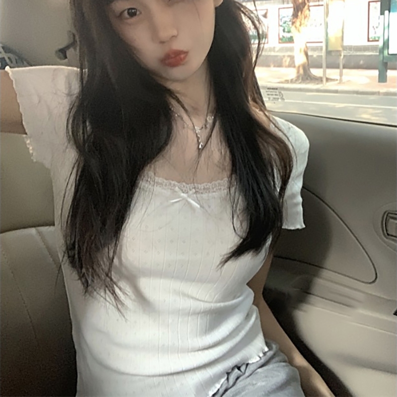 Áo Croptop Tay Ngắn Cổ Vuông Thắt Nơ Phong Cách Hàn Quốc Thời Trang Mùa Hè Cho Nữ