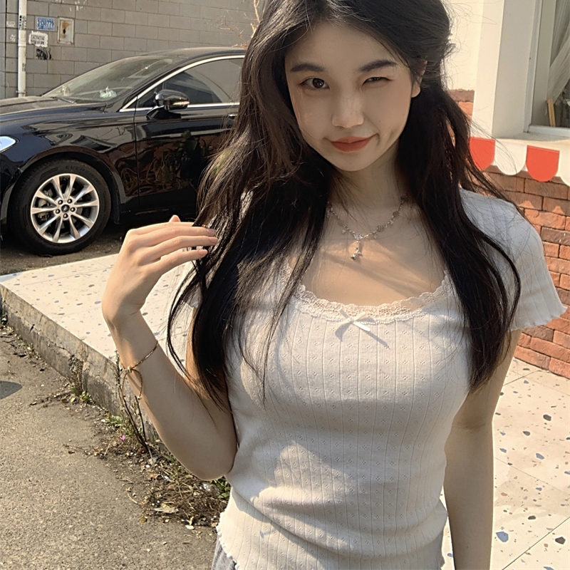 Áo Croptop Tay Ngắn Cổ Vuông Thắt Nơ Phong Cách Hàn Quốc Thời Trang Mùa Hè Cho Nữ