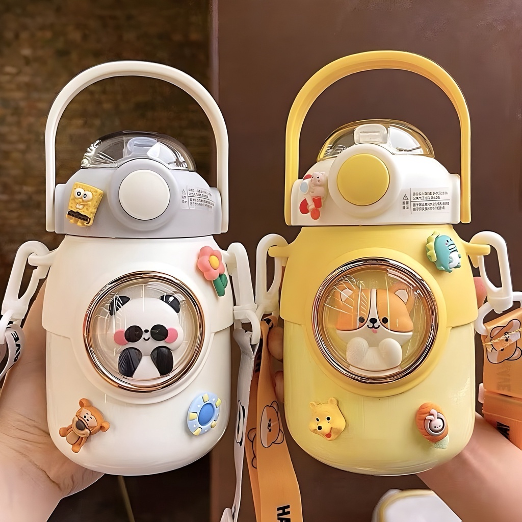 Bình nước giữ nhiệt 700ML INOX 316 họa tiết cute, bình giữ nhiệt cho bé có dây đeo tặng kèm sticker 2D, 3D, bộ rửa bình