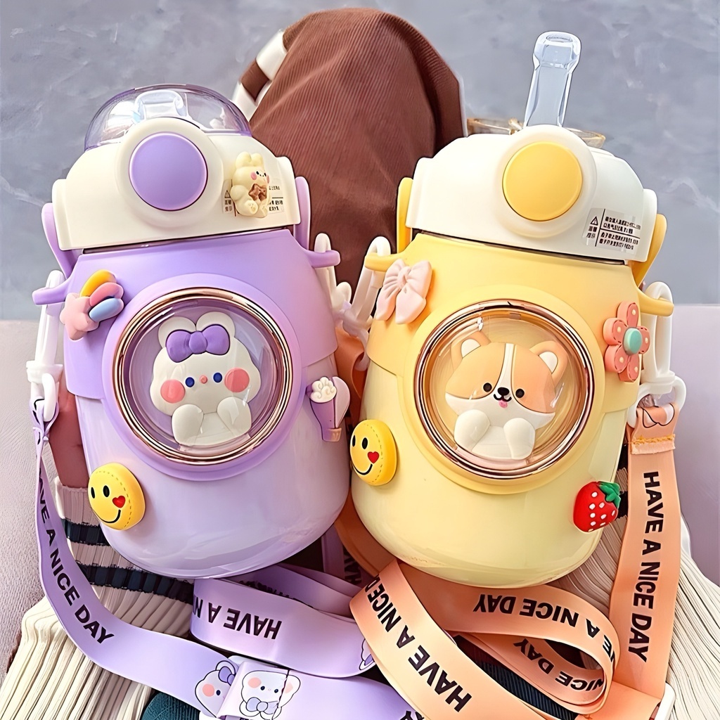 Bình nước giữ nhiệt 700ML INOX 316 họa tiết cute, bình giữ nhiệt cho bé có dây đeo tặng kèm sticker 2D, 3D, bộ rửa bình
