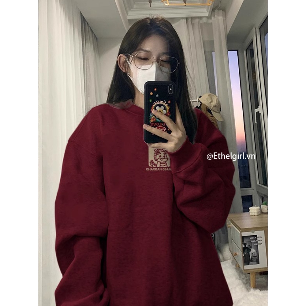 Ethelgirl Áo Sweater Dáng Rộng Màu Đỏ In Hình Rồng Con Giáng Sinh Năm Mới Phong Cách Hàn Quốc Cho Nữ