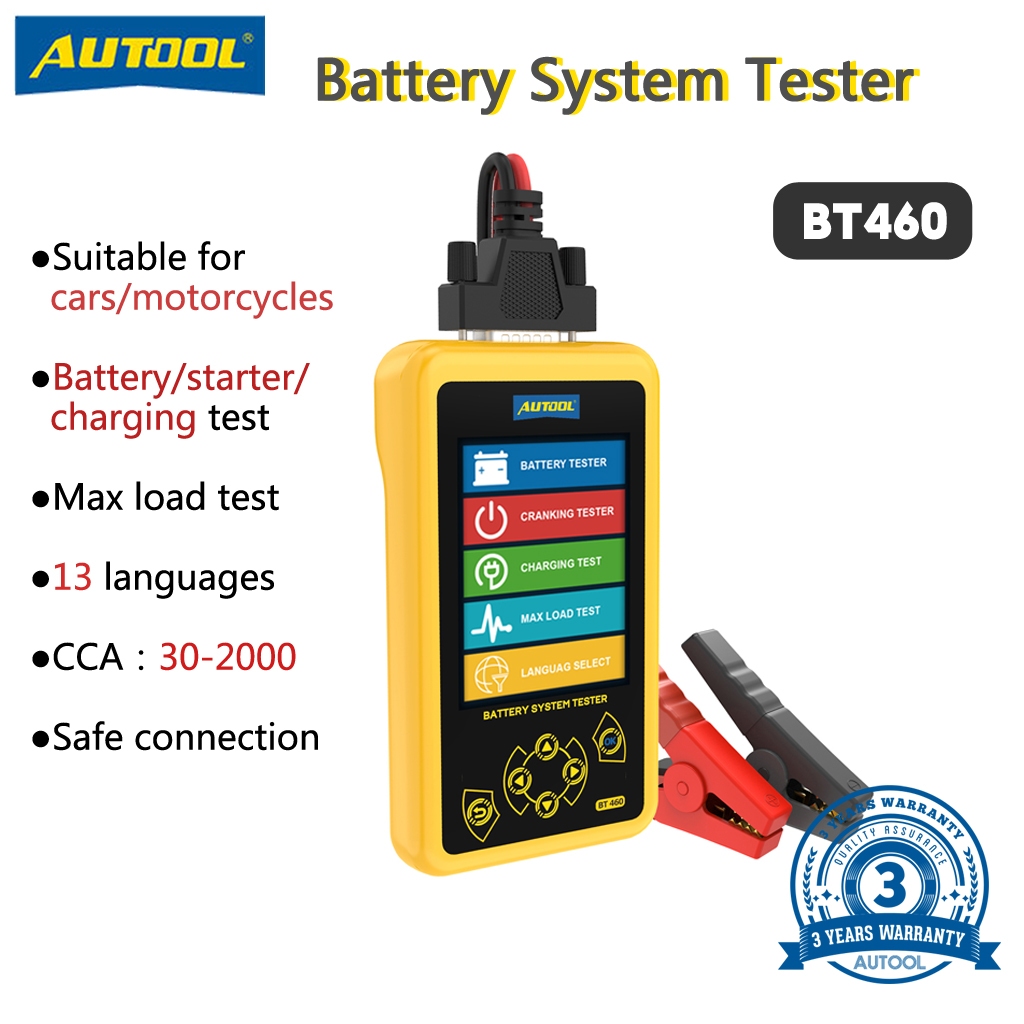 AUTOOL BT460 Màn Hình Hiển Thị Nhiều Màu Sắc 12V 24V Kiểm Tra Pin Xe Máy Phân Tích Cho Xe Ô Tô Xe Tải Hạng Nặng TFT 4Inch Đa Năng kiểm Tra Pin