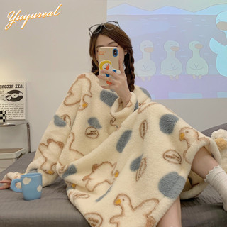 Yuyureal Áo Choàng Ngủ Dáng Dài Bằng Nhung San Hô Dày Dặn plus size Cho Nữ