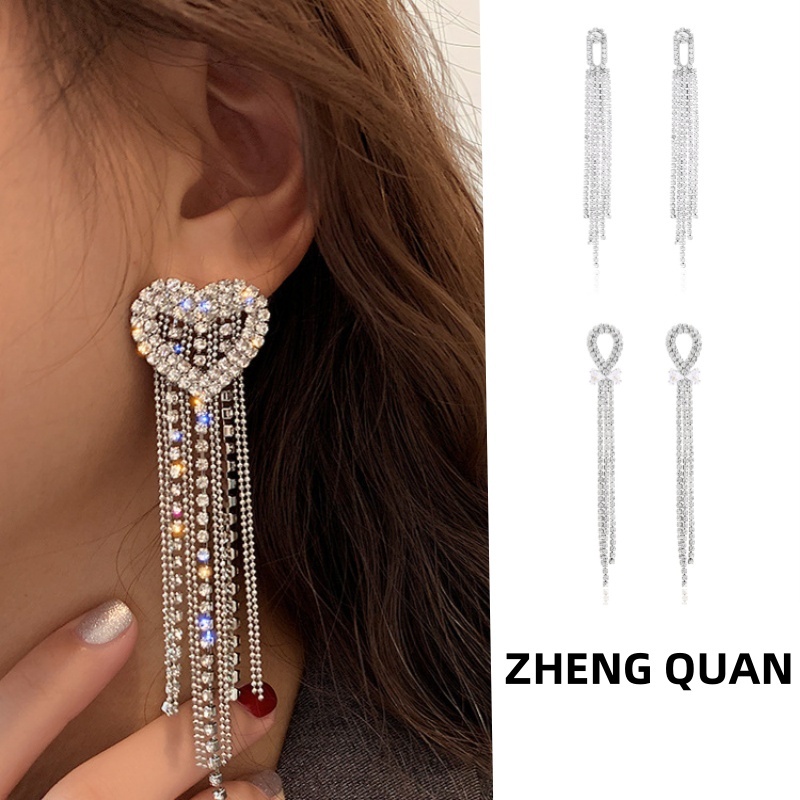 Bộ Khuyên Tai Tua Rua Dài Đính Đá zircon Trái Tim Lấp Lánh Phong Cách Hàn Quốc