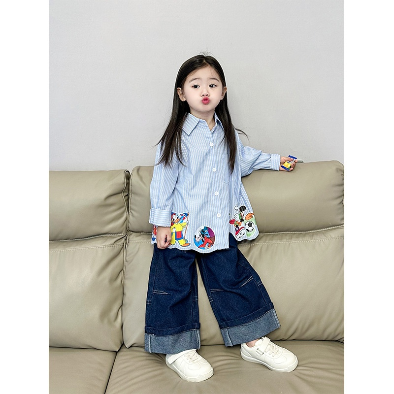 Áo Sơ Mi Kẻ Sọc Họa Tiết Hoạt Hình Phong Cách Hàn Quốc Cho Bé Gái