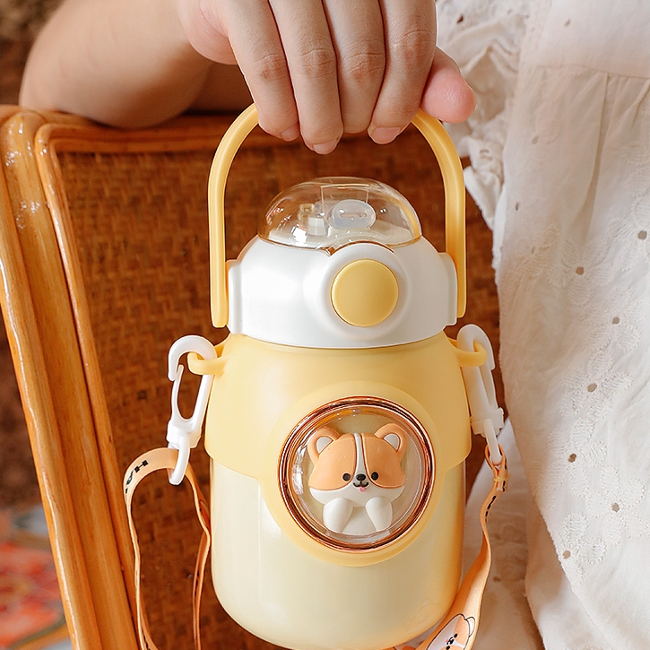Bình nước giữ nhiệt 700ML INOX 316 họa tiết cute, bình giữ nhiệt cho bé có dây đeo tặng kèm sticker 2D, 3D, bộ rửa bình