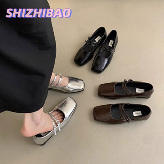 Shizhibao Pháp Mũi Vuông Dây Đeo Chữ Thập Nông Miệng Đơn Giày Đế Bằng Bạc Thời Trang Retro Dây Mary Jane Giày Nữ