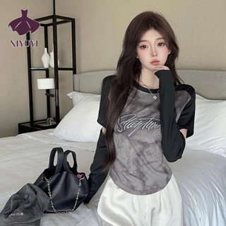 Xiyuyi Áo Thun Dài Tay Thêu Chữ Khoét Lỗ Dáng Ôm Thời Trang Cho Nữ