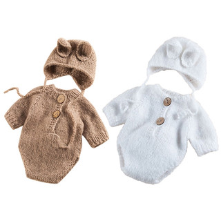 1 set áo liền quần + nón đan len dùng làm đạo cụ chụp ảnh cho bé sơ sinh