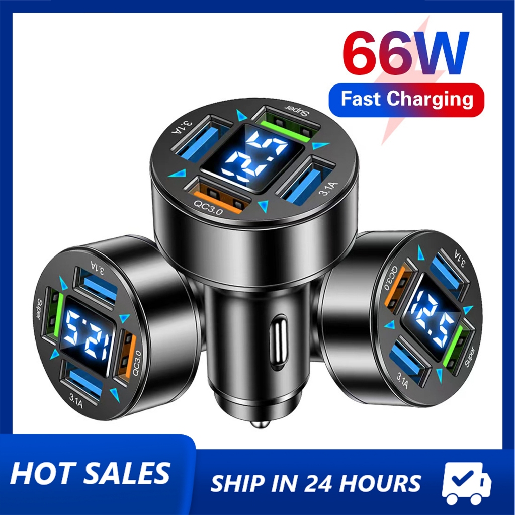 Tẩu Sạc Nhanh 4 Cổng 66W PD Type-C QC3.0 Thông Minh Cho Xe Hơi