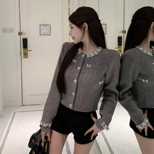 Áo tay dài cổ tròn đính hạt cườm ôm dáng phong cách Pháp thời trang nữ