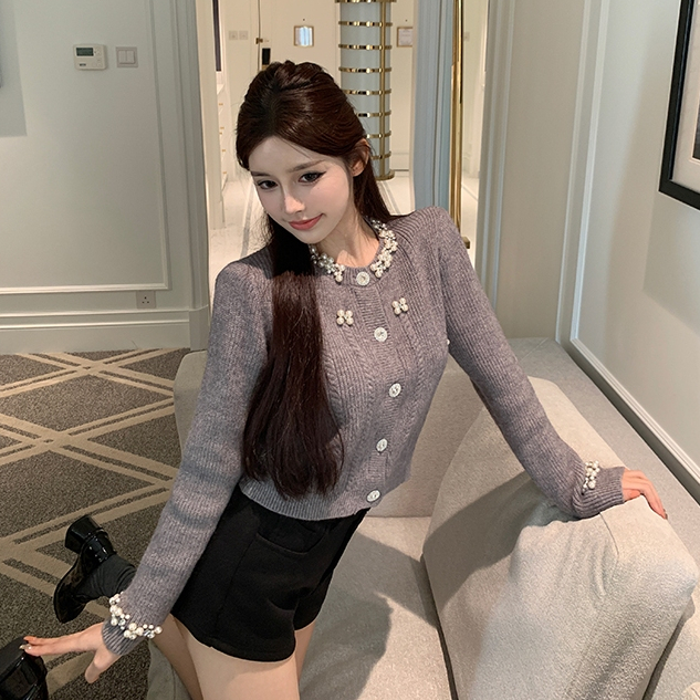 Áo tay dài cổ tròn đính hạt cườm ôm dáng phong cách Pháp thời trang nữ