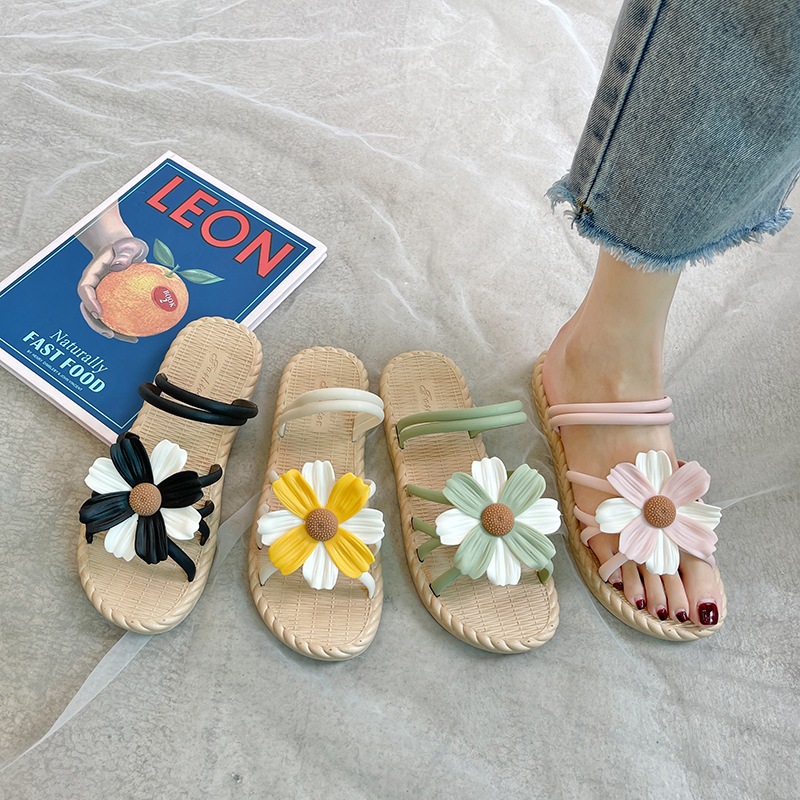 Dép Sandal Đế Bằng Quai Ngang Đính Hoa Thời Trang Mùa Hè Cho Nữ