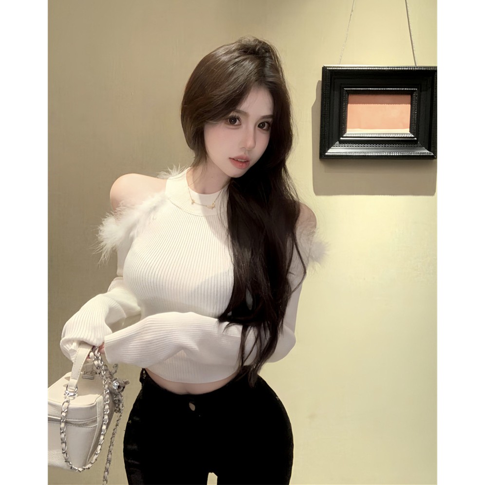 Kumikumi Áo sweater Dệt Kim Trễ Vai Tay Dài Màu Đỏ Giáng Sinh Quyến Rũ Cho Nữ