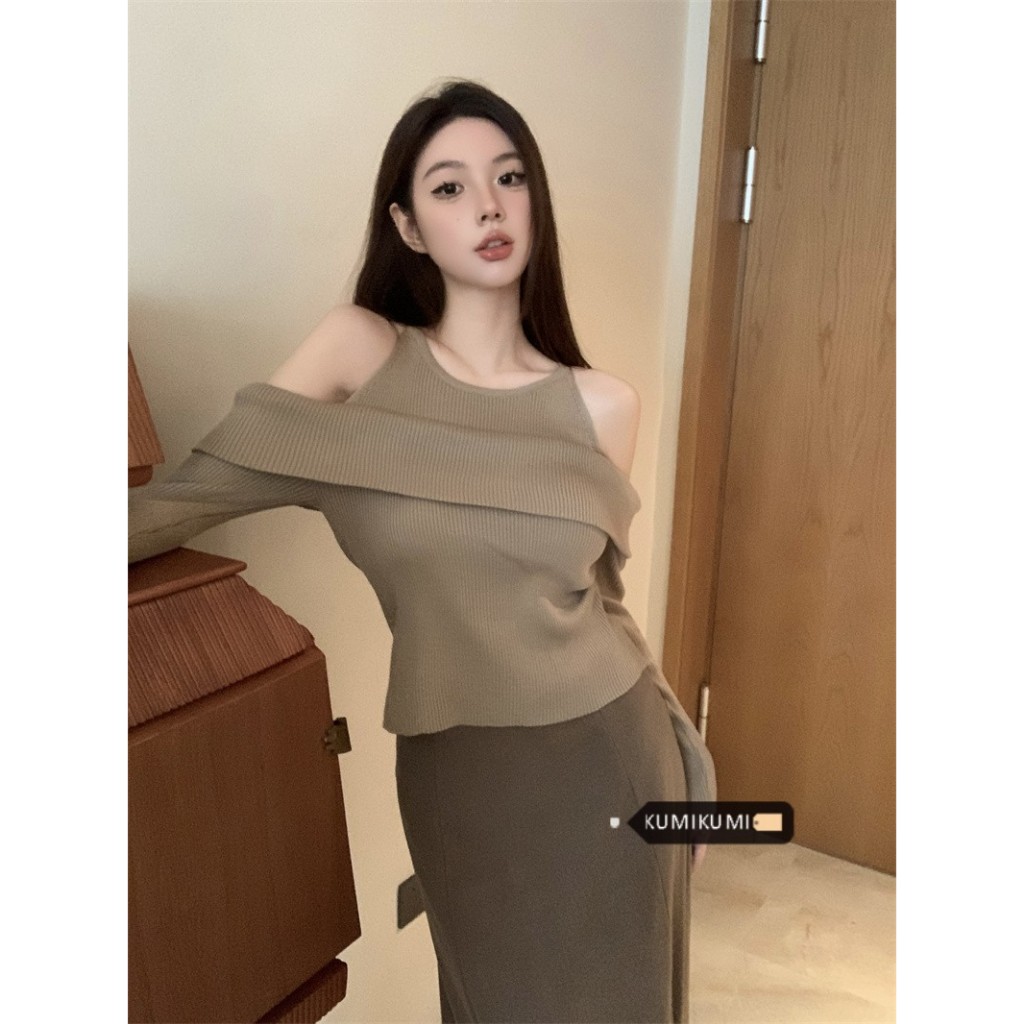 kumikumi Áo sweater Dệt Kim Tay Dài Trễ Vai Thời Trang Thu Đông Cho Nữ