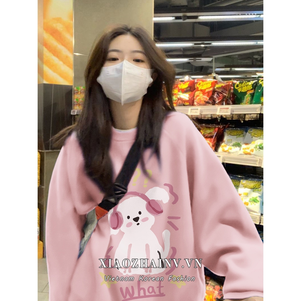 Xiaozhainv Áo sweatshirt cotton Tay Dài Cổ Tròn Màu Hồng In Họa Tiết retro Hàn Quốc Kích Thước Khác Nhau Cho Nữ