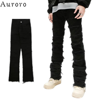 Quần jean đen nam street style quần jean cạp cao denim quần hiphop nam skinny Quần bò rách gối phong cách Hàn Quốc thời trang quần jean skinny nam