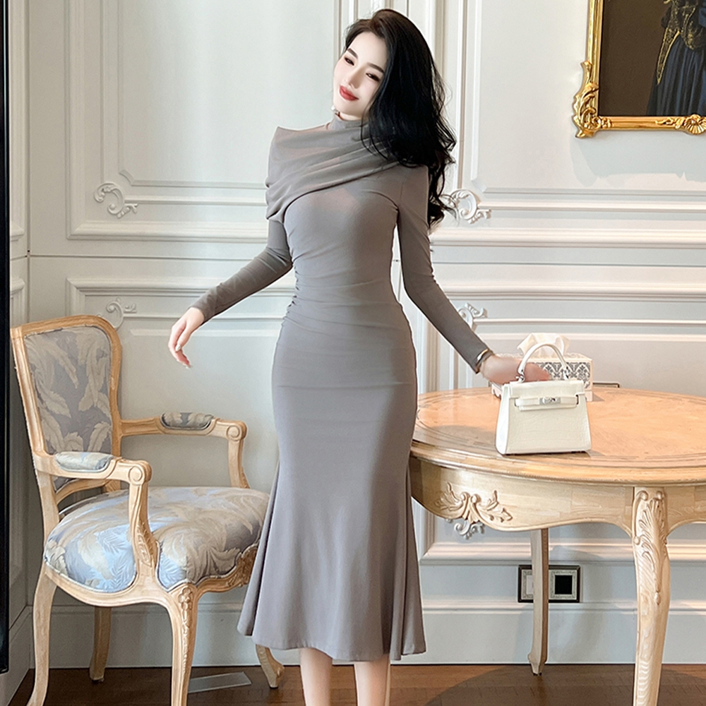 ZYHT Đầm Phong cách Nước pháp áo dài tay Irregular Ruched Shoulder Simple Mảnh mai Màu đơn giản đầm công sở 30576