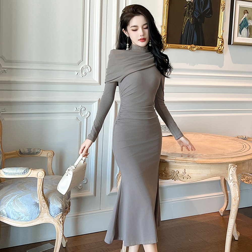 ZYHT Đầm Phong cách Nước pháp áo dài tay Irregular Ruched Shoulder Simple Mảnh mai Màu đơn giản đầm công sở 30576