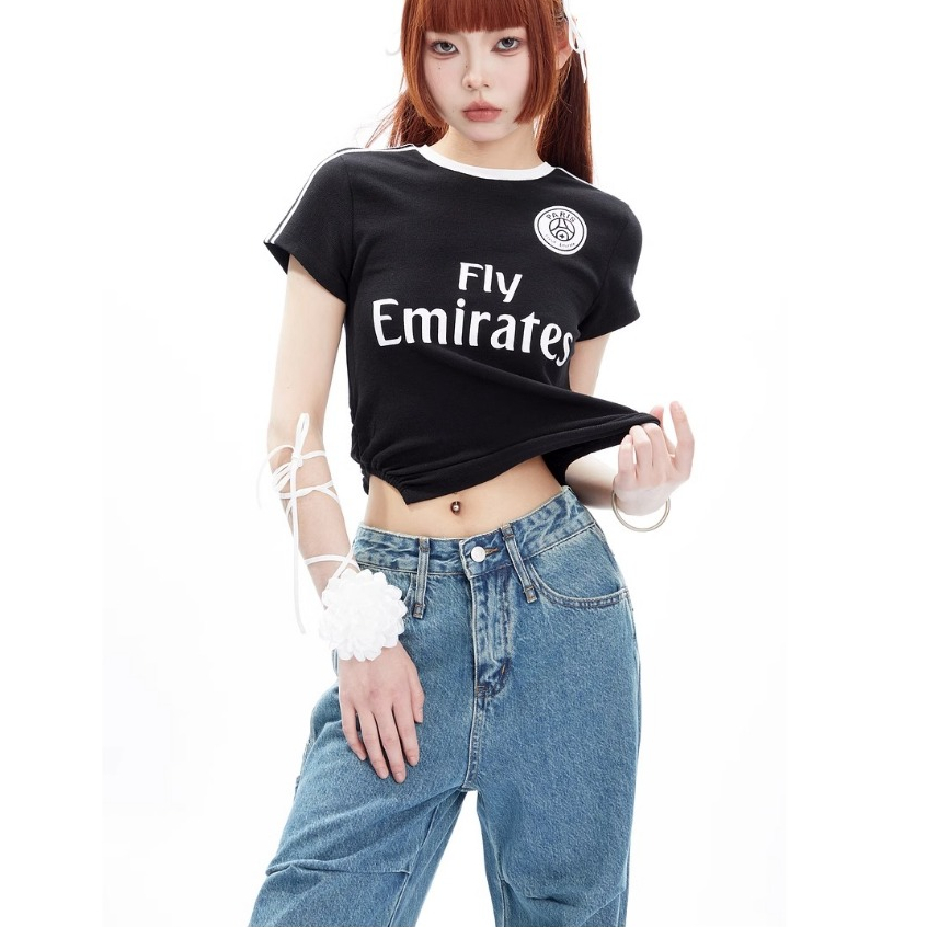 Áo Thun Ngắn Tay Xẻ Tà Hai Mặt In Chữ Phong Cách Retro Mỹ Thời Trang Mùa Hè 2023 Dành Cho Nữ