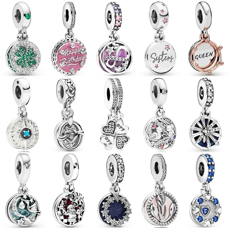 Cổ Điển Bạc 925 Cỏ Ba Lá Xanh Chúc Mừng Sinh Nhật Ông Già Noel Vòng Cổ Mặt Dây Chuyền Charm Thích Hợ