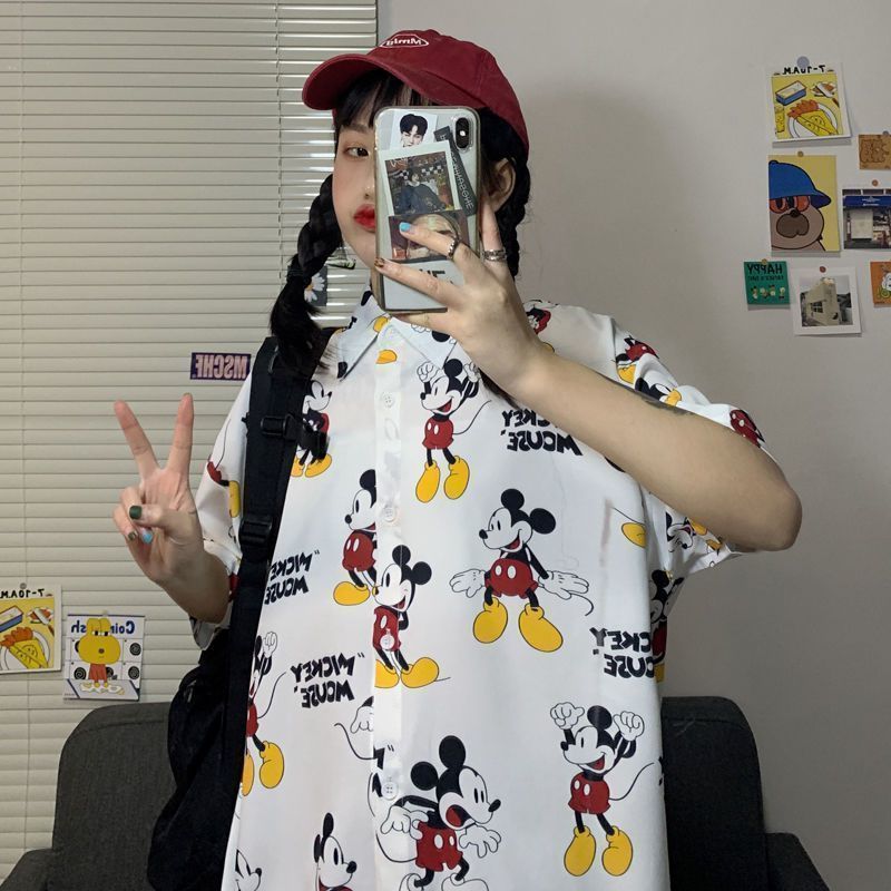 Doraemon Áo Sơ Mi Ngắn Tay Dáng Rộng In Họa Tiết Tranh Sơn Dầu Thời Trang Mùa Hè Hàn Quốc Dành Cho Nữ