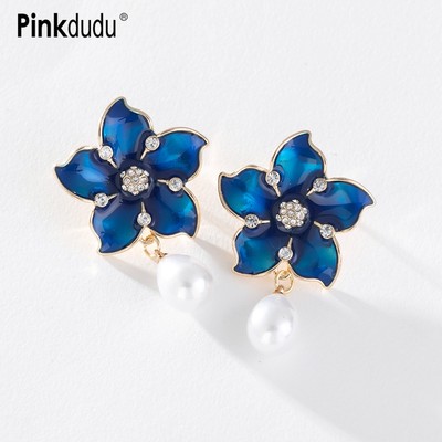 PINKDUDU Vintage Hoa Màu Xanh Thả Bông Tai Tính Khí Retro Thanh Lịch Hợp Kim Tòn Ten Bông Tai Trang Phục Thường Ngày Cho Nữ PD1635