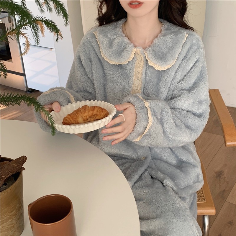 Yuyureal Bộ Đồ Ngủ mùa đông Tay Dài vải lông cừu san hô Chất Nỉ Dày Dặn Thời Trang Thu Đông Dễ Thương Cho Nữ
