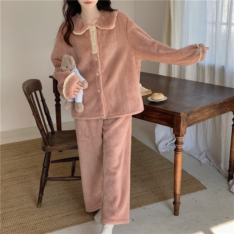 Yuyureal Bộ Đồ Ngủ mùa đông Tay Dài vải lông cừu san hô Chất Nỉ Dày Dặn Thời Trang Thu Đông Dễ Thương Cho Nữ