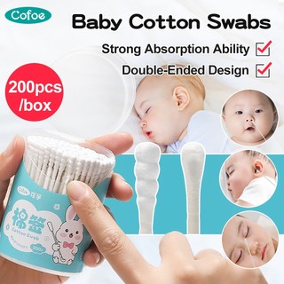 Hộp 200 Tăm Bông cotton Dùng Một Lần Vệ Sinh Tai Mũi Cho Bé