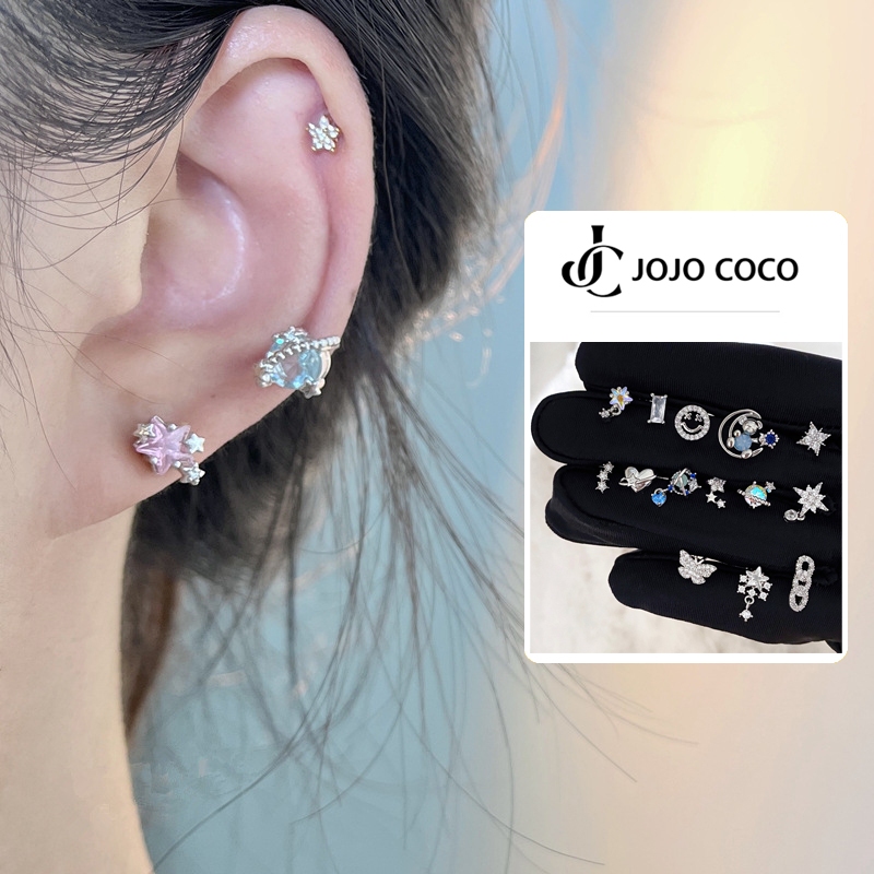 Jojo coco Bông Tai Mạ Bạc 925 Đính Pha Lê Hình Gấu / Bướm Màu Xanh Dương Cho Nữ