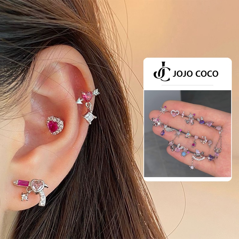 JOJO COCO Khuyên Tai Xỏ Hình Trái Tim Gấu Hồng Kèm Ốc Vít Cho Nữ