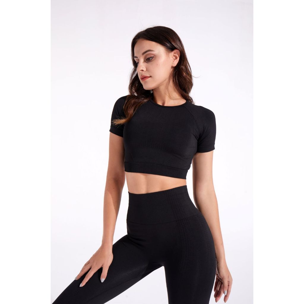 Áo Croptop Dệt Kim Tay Ngắn Không Đường May Thời Trang Tập Yoga / Chạy Bộ