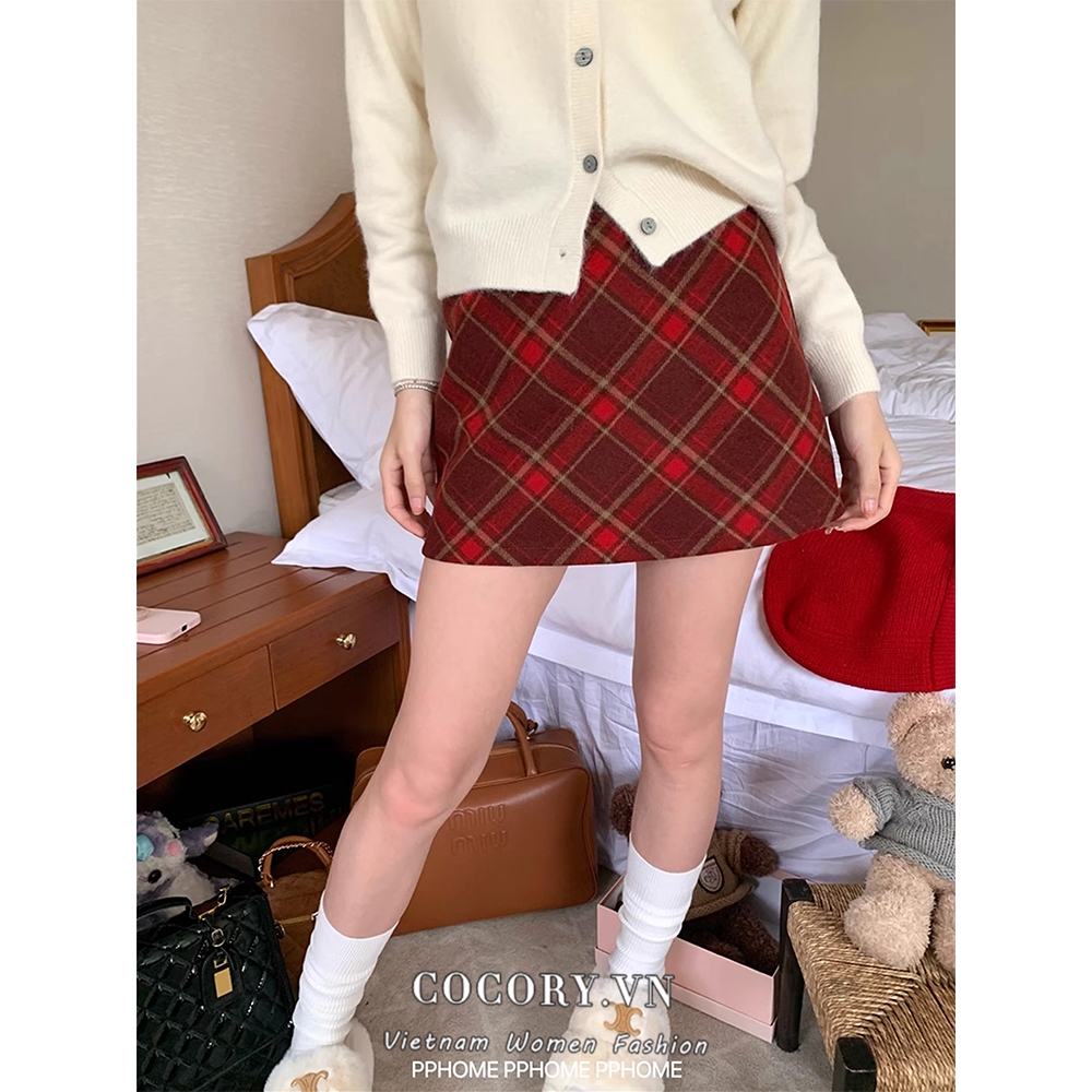 Cocorygirl Chân Váy Chữ a Lưng Cao Họa Tiết Sọc Caro Phong Cách Giáng Sinh Thời Trang Cho Nữ