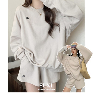 SUXI Set trang phục thể thao hai món tay dài cổ tròn và quần đùi màu trơn thời trang đơn giản dành cho nữ