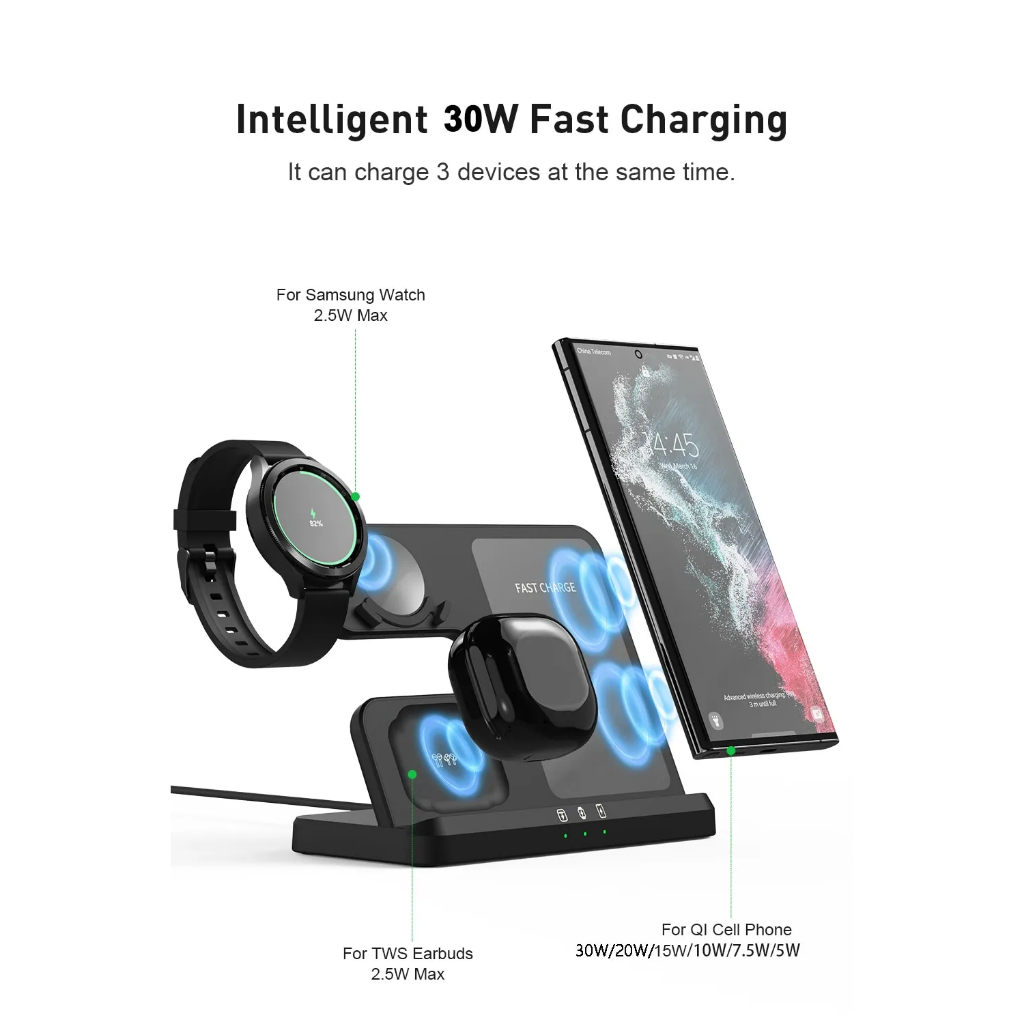 Đế Sạc Nhanh Không Dây 3 Trong 1 Cho samsung galaxy s23 s22 21 ultra s20 30w 5 pro buds2 pro