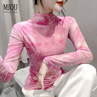 MIOU 2025 thời trang thu đông gạc dài tay áo sơ mi ôm và đáy mỏng cổ cao 3XL in thun hàng đầu nữ