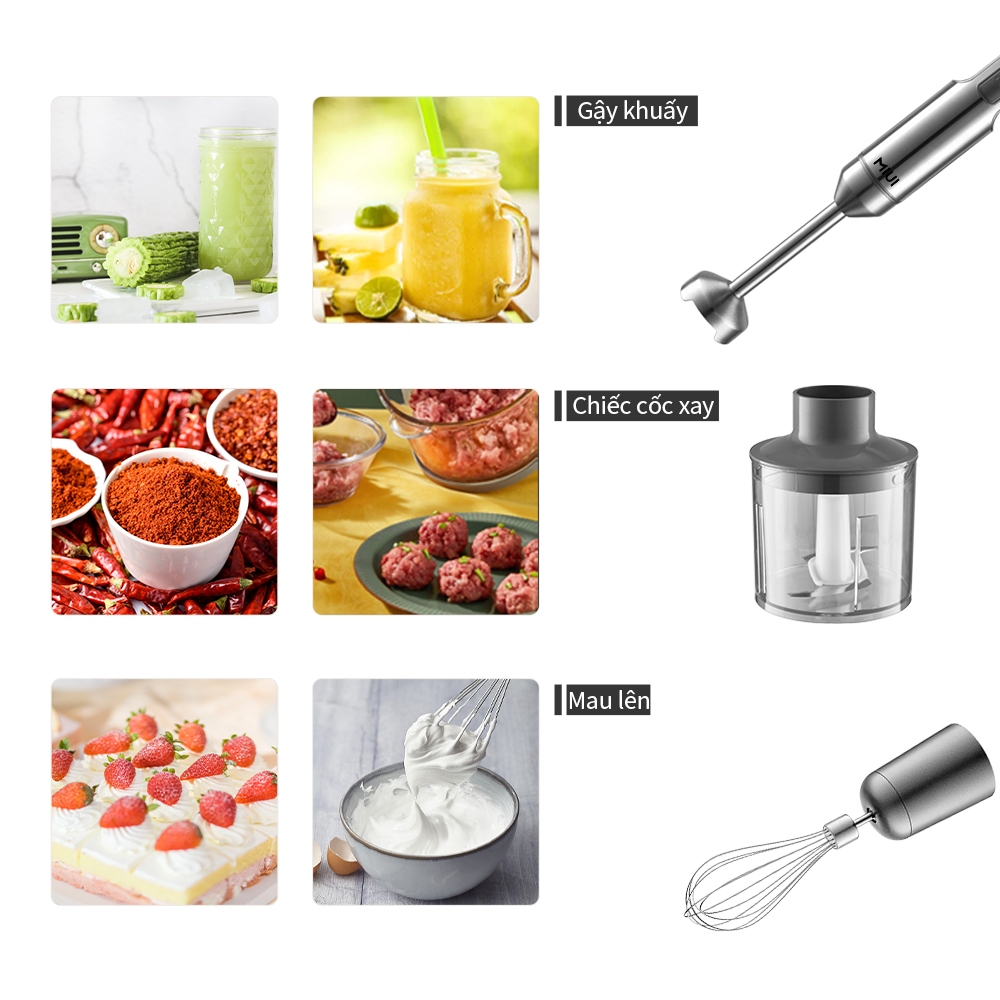 MIUI Máy xay sinh tố nhúng tay 4 trong 1 mạnh mẽ 1000W, Máy xay sinh tố que thép không gỉ, Loa trộn 700ml, Bộ xử lý thực