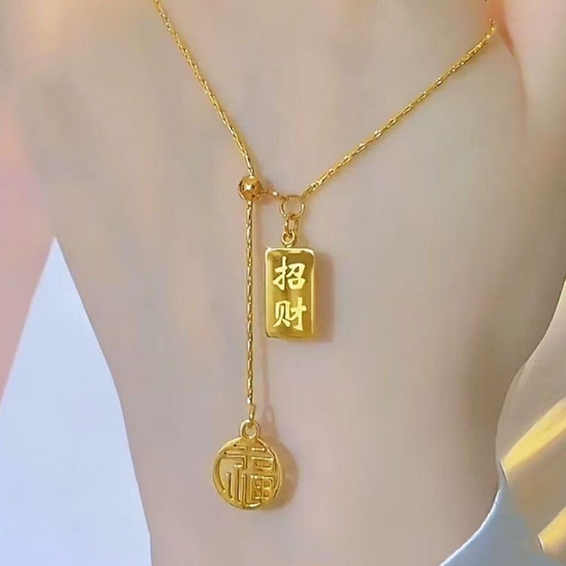 dây chuyền titan chính hãng cho nữ bằng thép không gỉ 18k vàng kim cương may mắn Trung Quốc "Fu" Túi tiền mặt dây chuyền vòng cổ