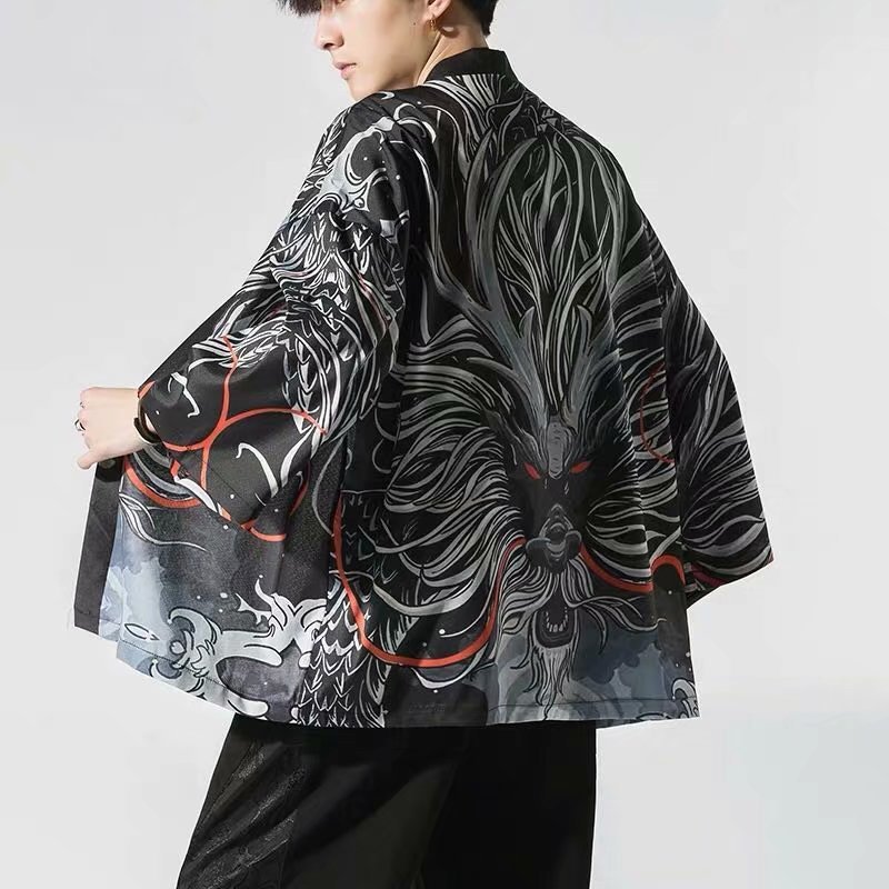 Áo Khoác Kimono Tay Lỡ 3 / 4 Dáng Rộng In Hình Rồng Phong Cách Trung Hoa Thời Trang Mùa Hè Cho Nam Và