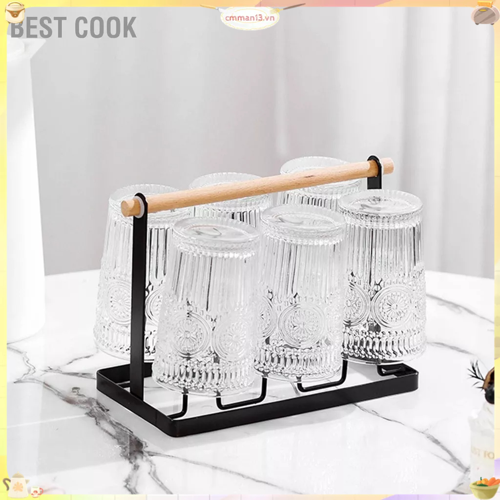 Giá phơi ly 6 móc tay cầm bằng gỗ mạ điện sắt nghệ thuật tiết kiệm không gian 13x23.5x18.5cm cho văn phòng/ tại nhà cmman13.vn