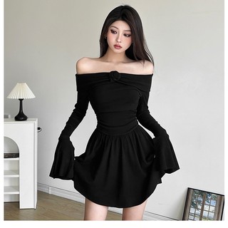 Klalien Đầm Ngắn Dáng Chữ a Xếp Ly Trễ Vai Màu Đen Thanh Lịch Quyến Rũ Bí Ẩn Đẹp Mắt Dành Cho Bạn Nữ